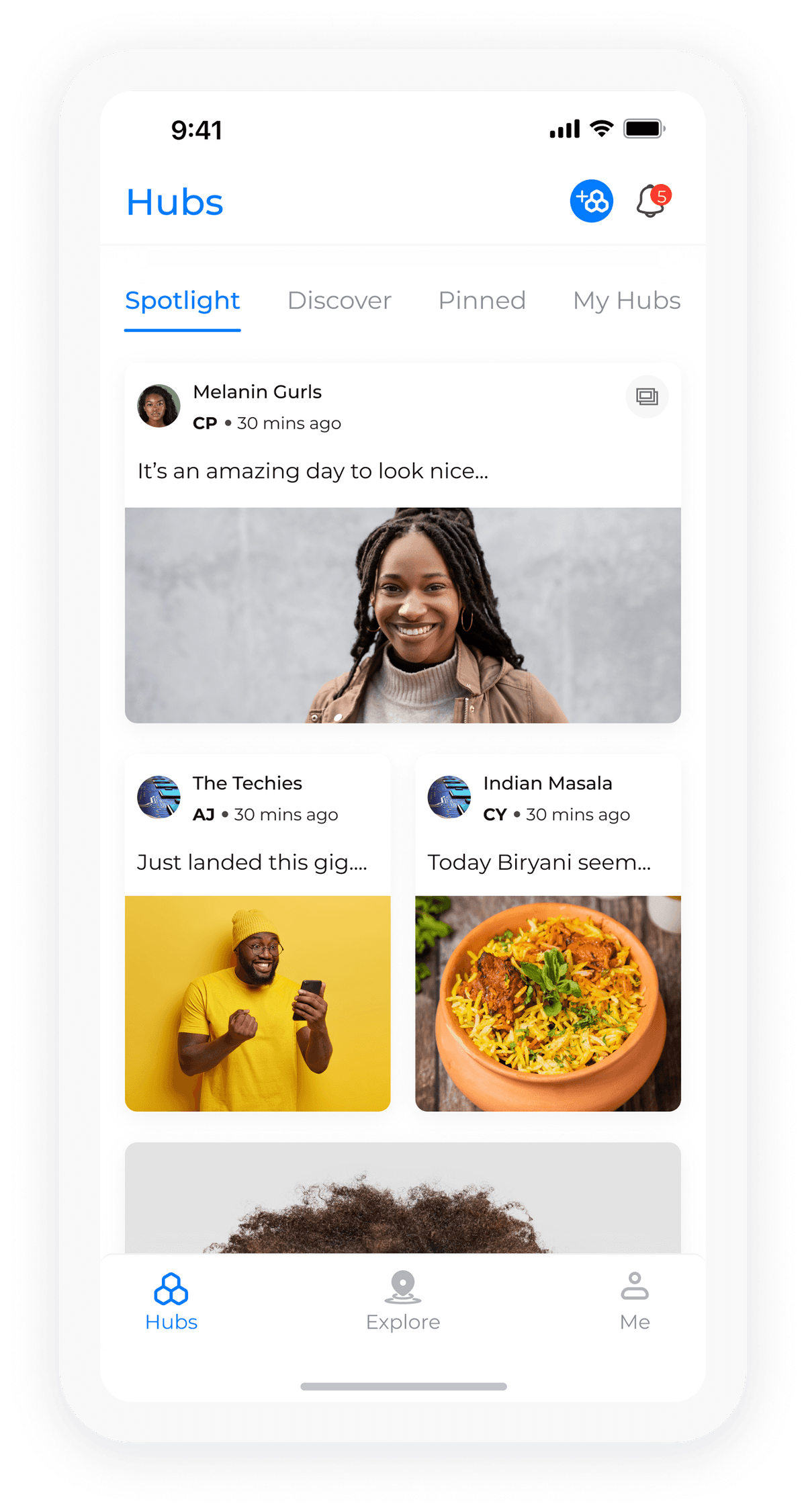Hubs feature showing community posts